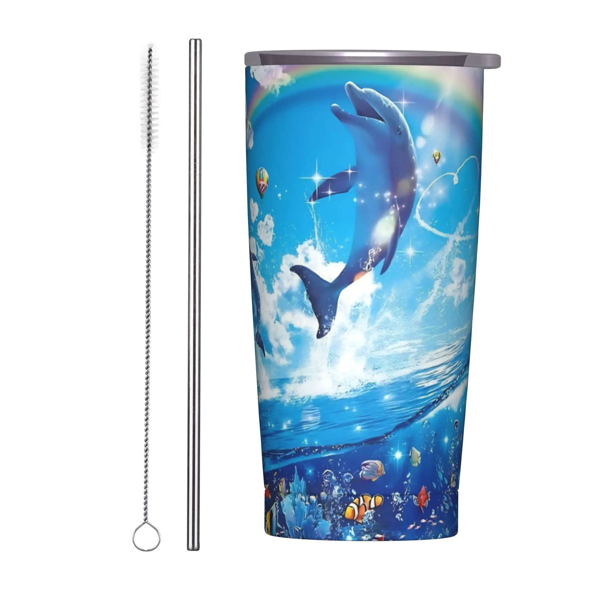 Symphony Dolphins Frutiger Aero Tumbler Vacuum Insulated  Coffee Cups Vacuum Flask Travel Outdoor Mugs Water Bottle, 20oz