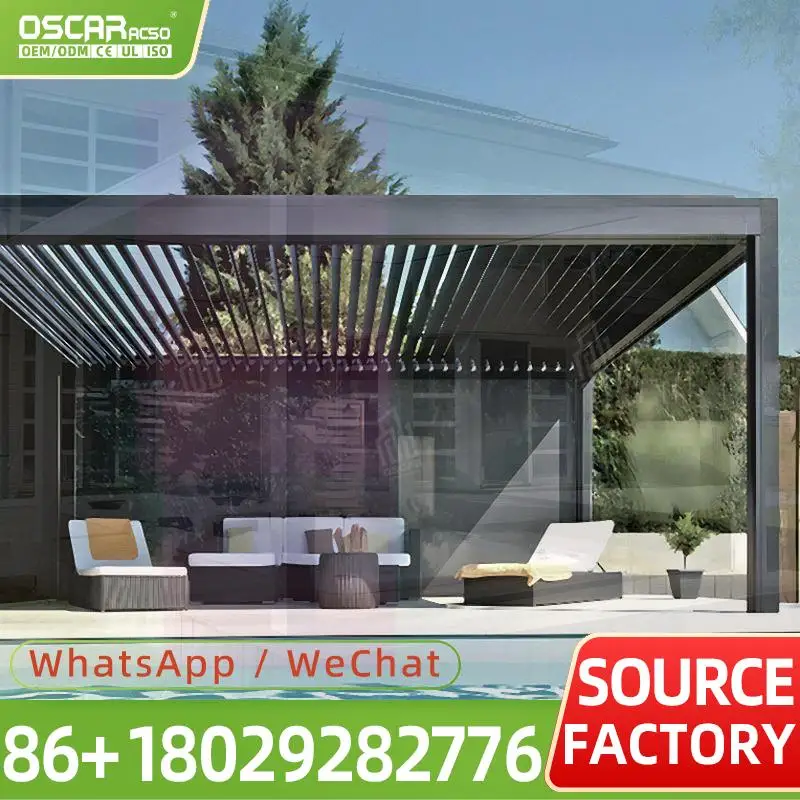 12x16 Motorized Outdoor Retractable Gazebo Bioclimatic Louvered Aluminum Pergola with Blinds Waterproof Custom for Garden Patio