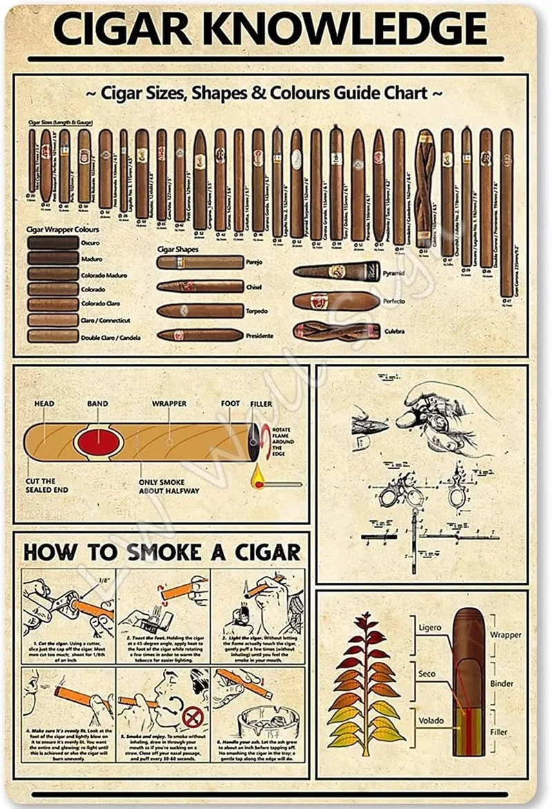 Cigar Knowledge Metal Tin Sign Cigar Size Shape Color Guide Diagram Metal Poster Plaque Used for Coffee Shop Bar Club Home