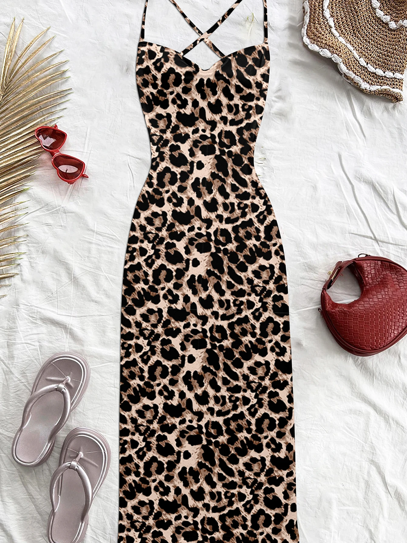 Feste sexy da donna Vacanze serate Stampa leopardata con spalle scoperte Maxi elastico in poliestere spandex Abito nero/marrone