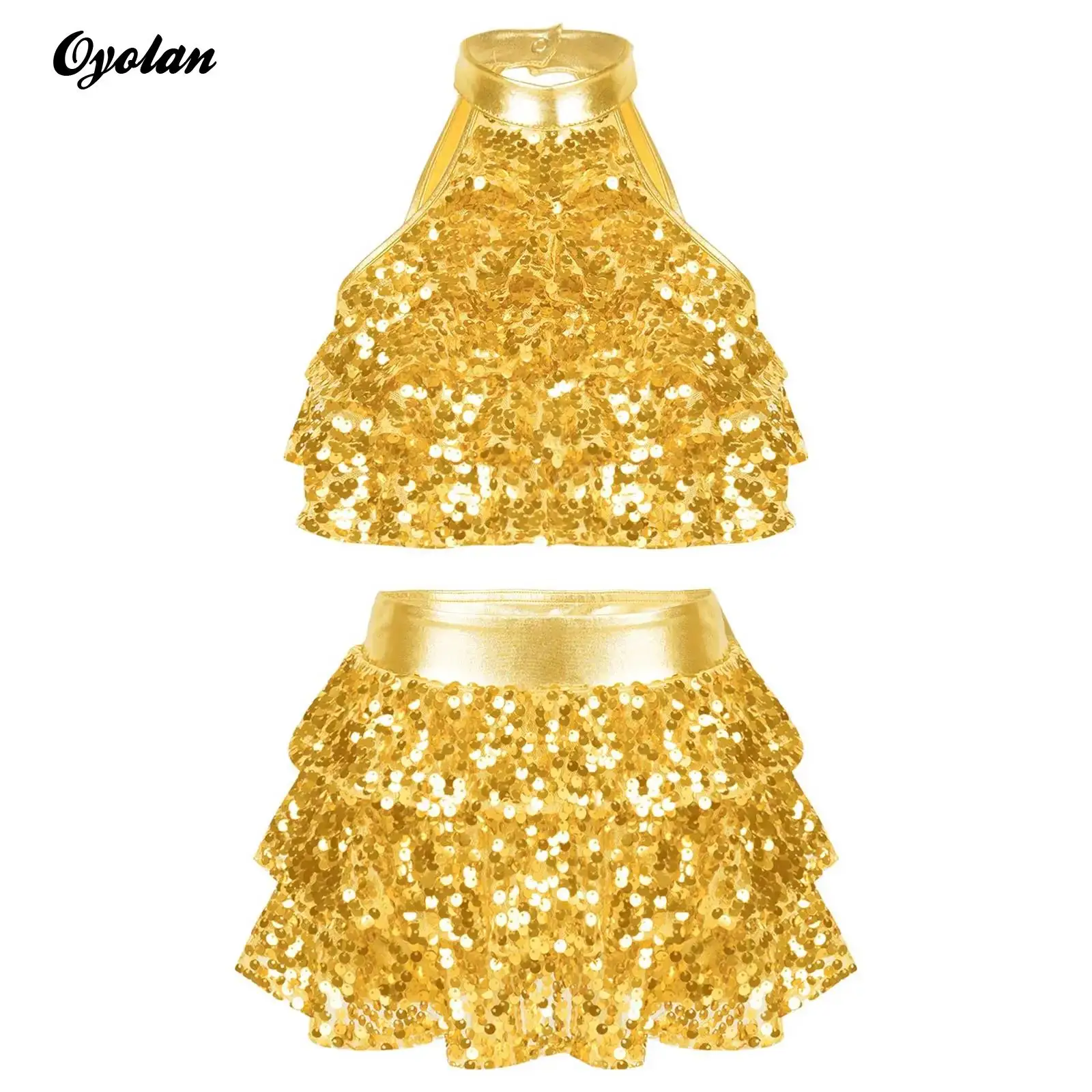 Kids Girls Shiny Sequins Ballet Jazz Dance Performance Costume Shorty Unitards Ballroom Dance Dress Tiered Crop Top with Skirt