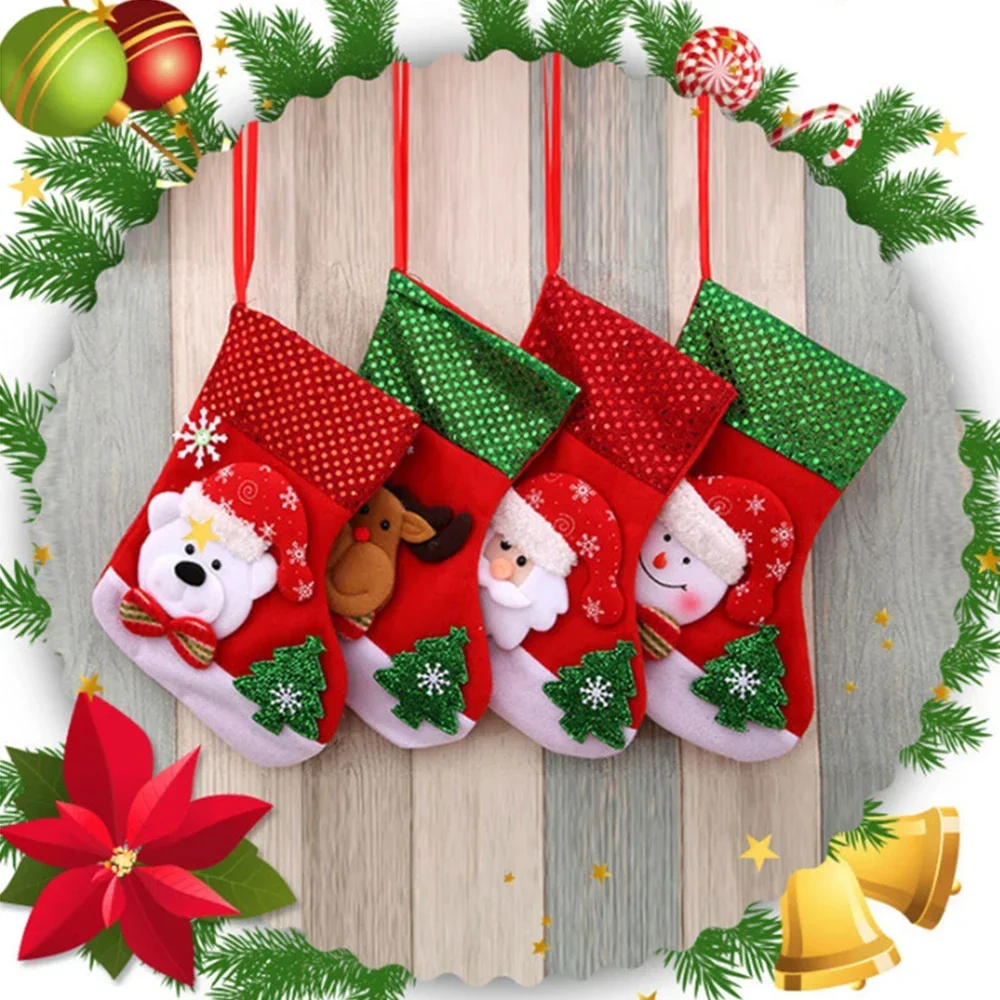 3/4pcs Christmas Sock Kids Candy Bag Gift Gift Santa Claus Snowman Stockings Xmas Tree Hanging Ornament Party Decor Gift Bags