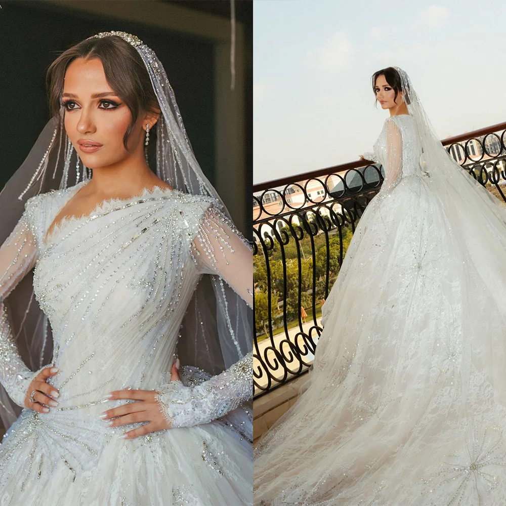 

Элегантное бальное платье Свадебные платья Нерегулярные длинные рукава с бусинами и аппликациями Кружевные свадебные платья на заказ с скользящим шлейфом Robe De Mariee