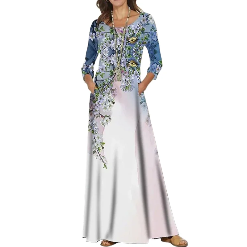 

Vintage Women Dresses Casual Flower Print Autumn New Fashion O-neck Loose Temperament Elegant Long Sleeve Party Dress