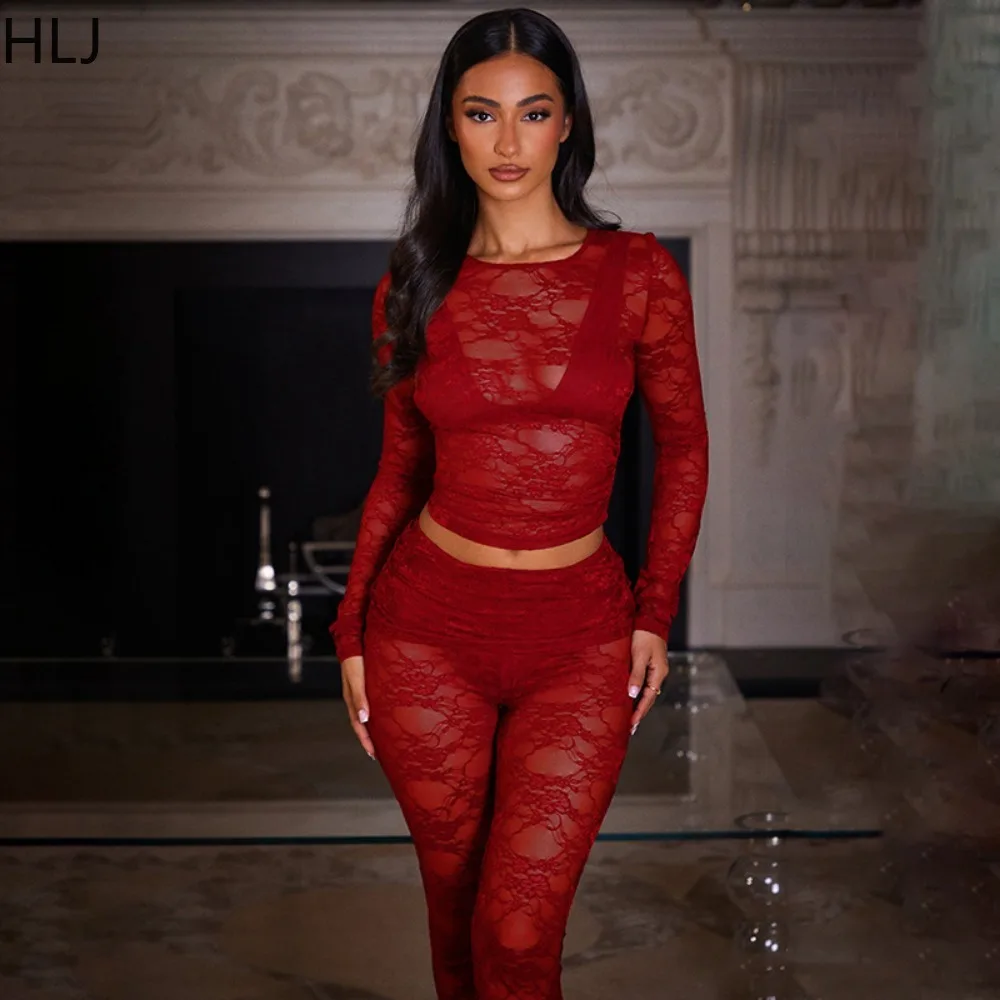 HLJ Sexy Floral Lace 2 Piece Sets Woman Outfit Hollow Out See Through Crop Tops + Fake Skirt Pants Suits Female Night Clubwear