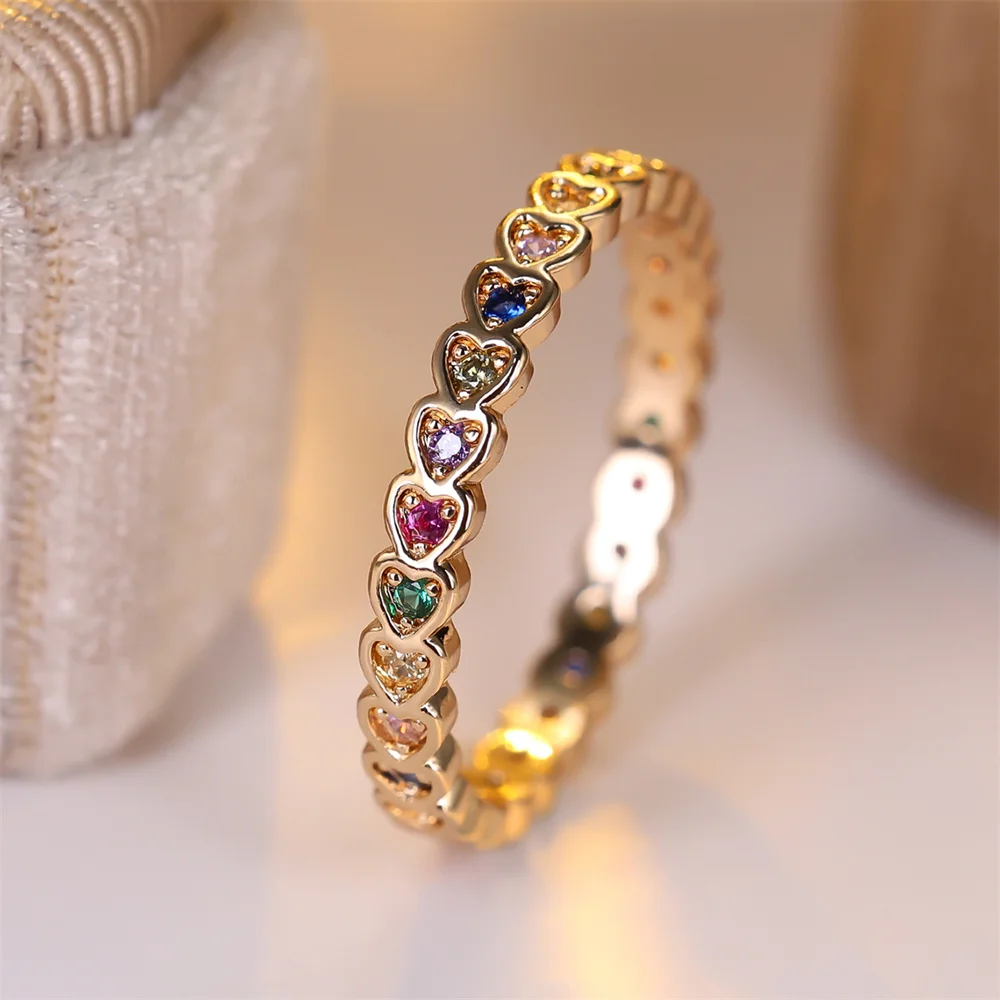 Single Row Multicolor Zircon Heart Rings For Women Trendy Gold Silver Color Engagement Ring Wedding Jewelry Valentine's Day Gift