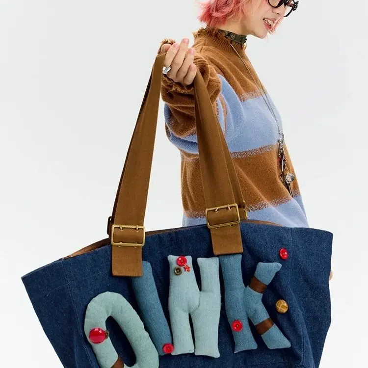 Denim Tote Bag for Women, Large Capacity Shoulder Bag Casual Handbag Three-Dimensional Letter Design for Travel & Storage