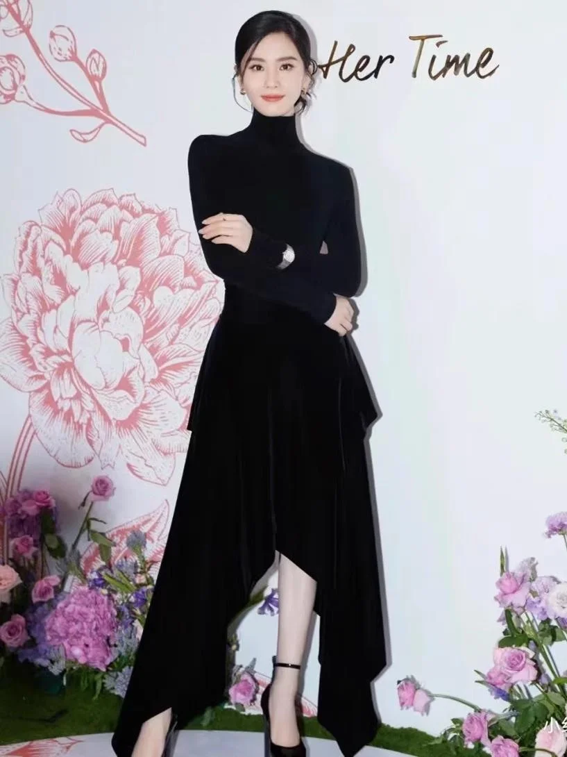 

Black High Collar Knitted Base Layer Silk Velvet Asymmetrical Skirt Set Women's Sweet Style Long Sleeve Wool Blend Sweater