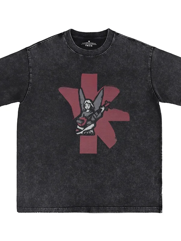 Red Pepper Band Digital Direct Print Washed Street Punk Rock Short Sleeve T-Shirt Cement Grey Vintage American Style Casual Tee