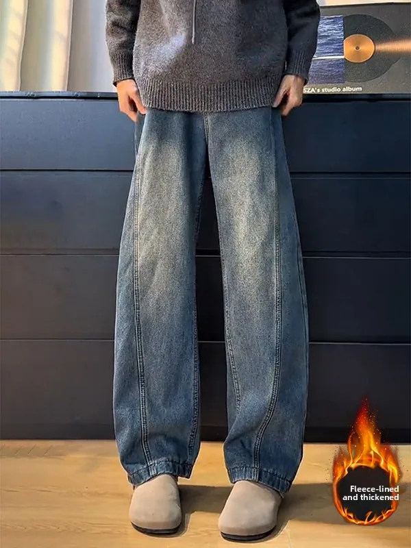 

Waed Vintage American Denim Jeans Men's Winter Fce Warm A-Line Loose Straight Knife Pants Youth Faion Workwear