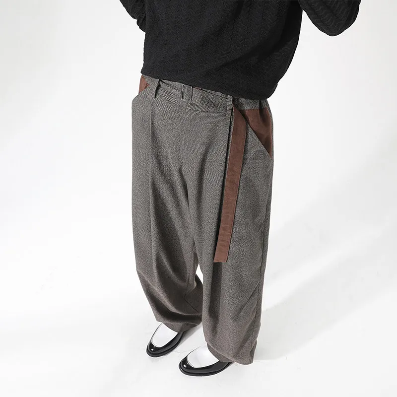 

Cleanfit Men's Wide Leg Pants Autumn Casual Patchwork Retro Hong Kong Sle High Waist Straight Cut Polyester Fiber Youth Dai...