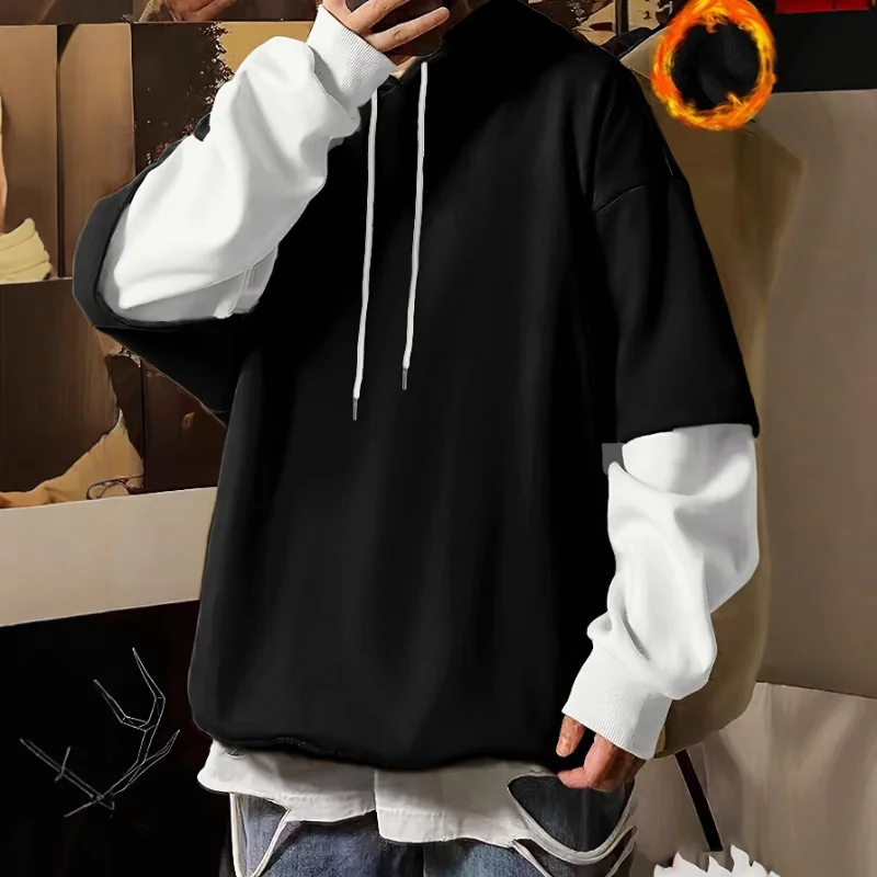 

Men Fake Two Piece Hooded Sweatshirt Color Block Patchwork Trendy Top Autumn Winter Loose Fleece Lined Pullover Hoodie