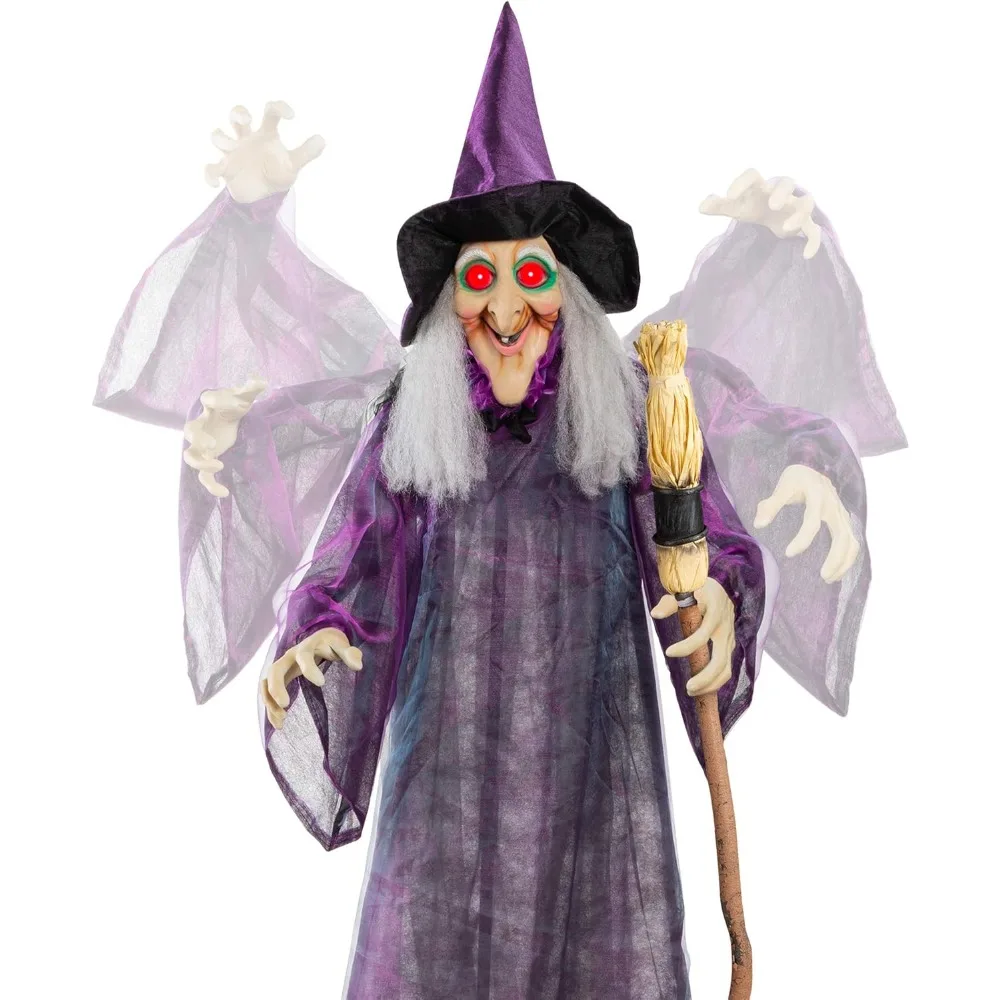 

5ft Halloween Animatronic Witch, Wicked Wanda Standing Poseable Figure Decoration w/Pre-Recorded Phrases, LED Glowing Eyes