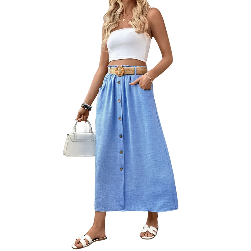 ABRT-Women's Belted A-Line High Waist Button Skirt With Pockets