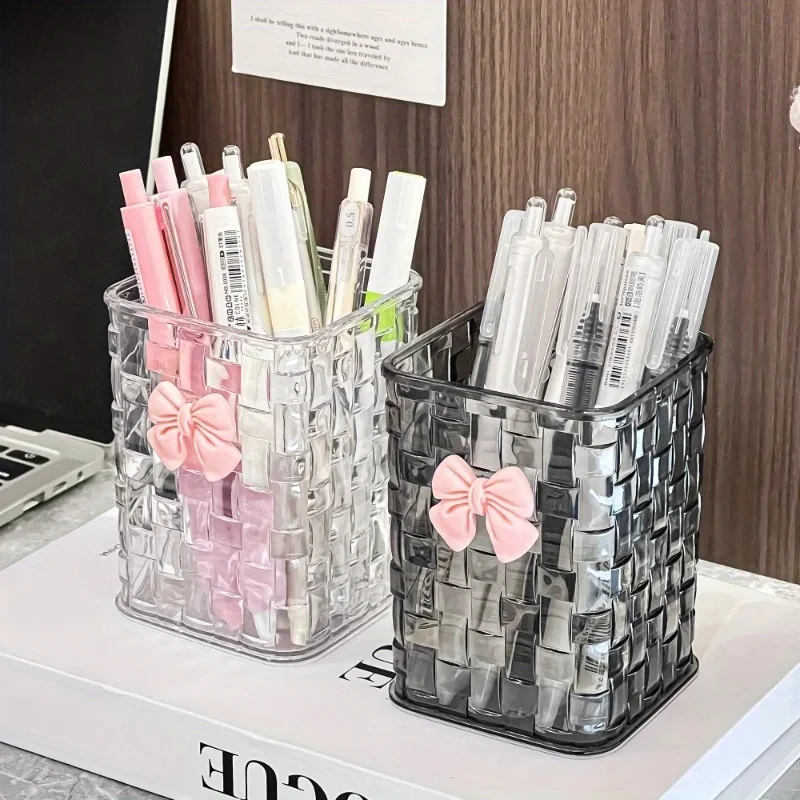 1pc Clear Acrylic Desk Organizer with Bow Accent Pen Holder Desktop Storage Basket for Office Stationery Supplies Accessories