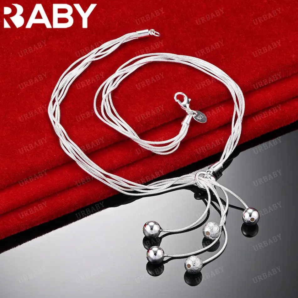 

URBABY 925 Sterling Silver Frosted Smooth Bead Multi Snake Chain Necklace For Women Fashion Jewelry Noble Grace Banquet Gift