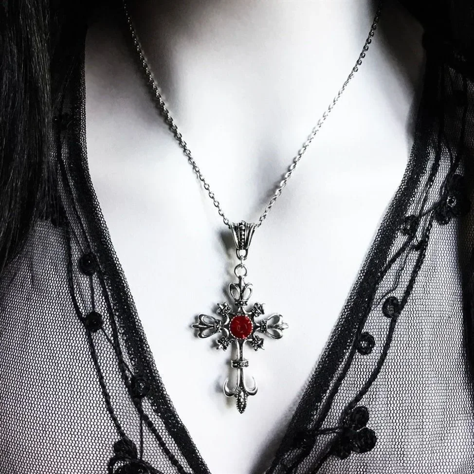 Cosplay hot selling Gothic European and American retro redstone cross necklace Gothic dark fashion pendant accessories