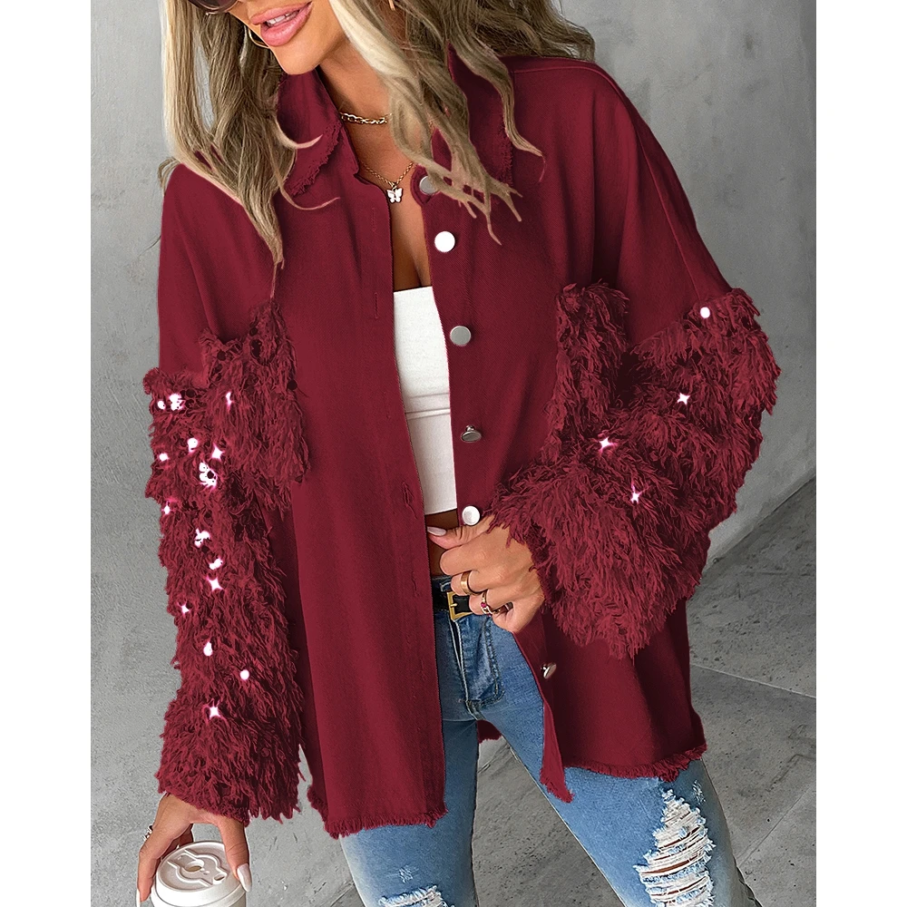 Autumn Winter Contrast Sequin Tassel Design Fuzzy Patchwork Long Sleeve Women Shacket Coat Femme Turn-down Collar Casual Jackets