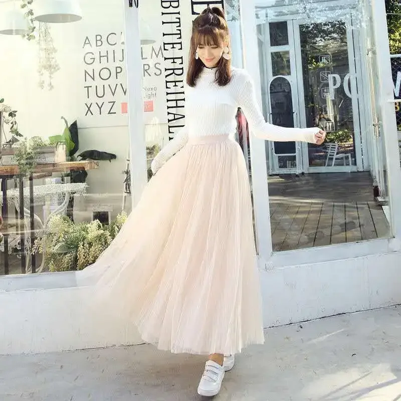 Tulle Skirt Women\'s Pleated Skirt High Waist Long A- line Swinging Skirt Woman Skirts Mujer Faldas Saias Mulher
