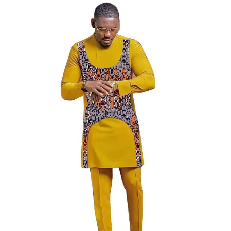 Patchwork Shirt With Solid Pant Yellow Men\'s Groom Suit Male Nigerian Fashion Custom Made African Party Outfits