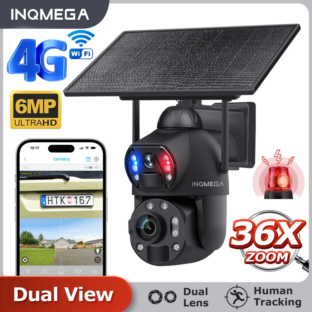 

INQMEGA 6M 36x Zoom 4G Solar Camera Outdoor Wifi Solar Security PTZ Camera Dual PIR Human Detection Color Night Vision Camera