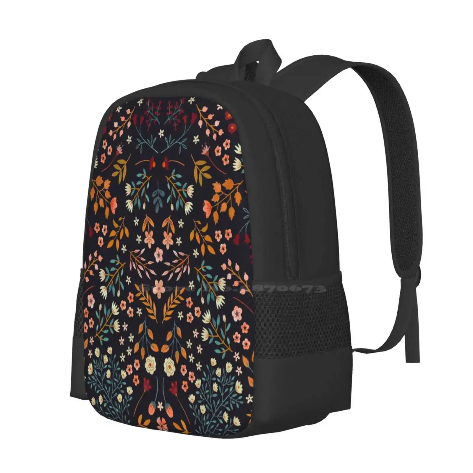 Watercolor Flowers Hot Sale Schoolbag Backpack Fashion Bags Watercolor Wild Flowers Floral Black Hand Painted Field Nature