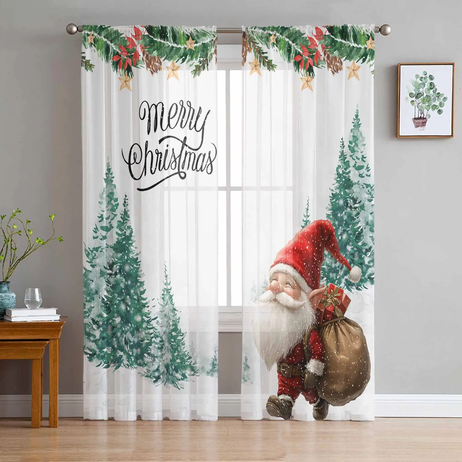 Christmas Tree Watercolor Goblin Gift  Sheer Curtains for Living Room Bedroom Home Hotel Decor Chiffon Tulle Curtains