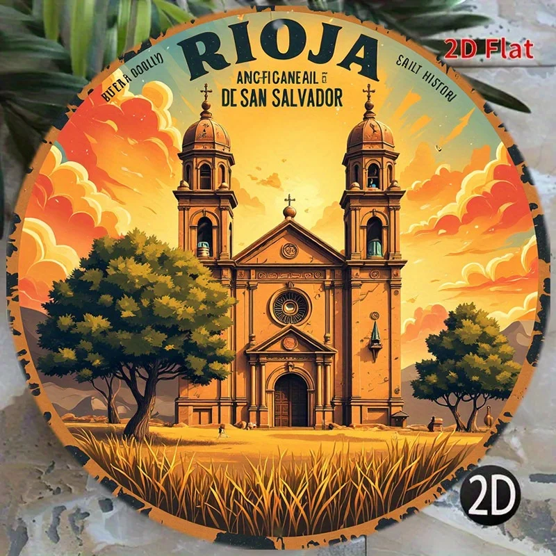Decoración de Pared con Diseño de Iglesia de Rioja - Arte Metálico de Arquitectura Española Vintage, en Tonos Cálidos Naranja/Marrón/Beige - Decoración Rústica Redonda de 8 Pulgadas para el Hogar
