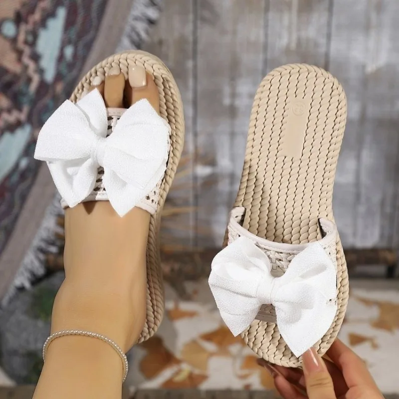 

Women Sandals Flat Slides Slippers Bow Knot Woven Straw Rope Sole Summer Beach Casual Fashion Bohemian Breathable Slip on 2026
