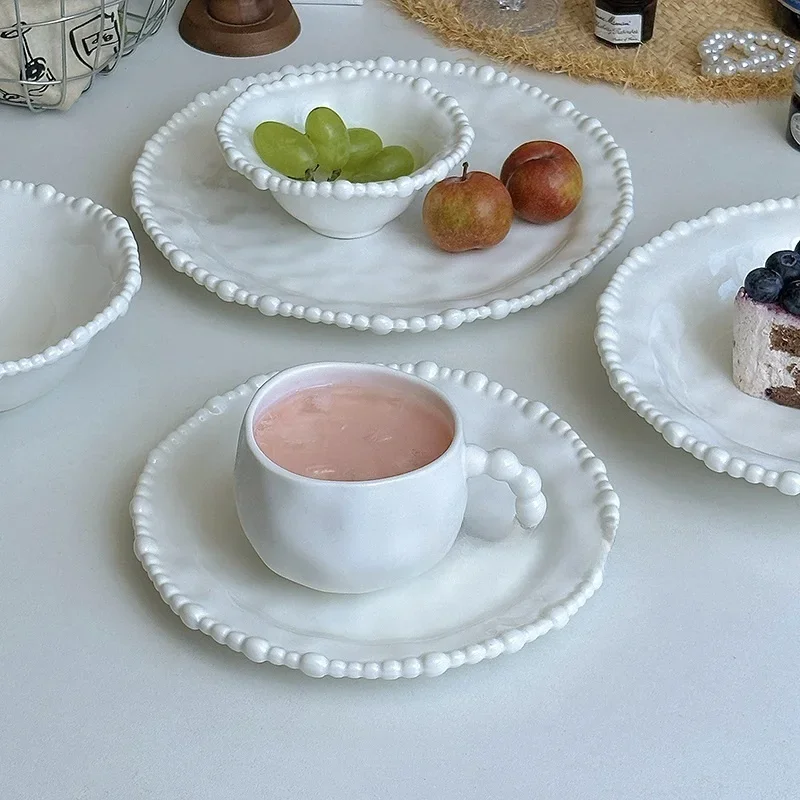 Simple Pure White Pearl  Bowl Plate Set High Aesthetic Value Western Dining Bowl Di Dert Cake Plate Cerc Ins Sle