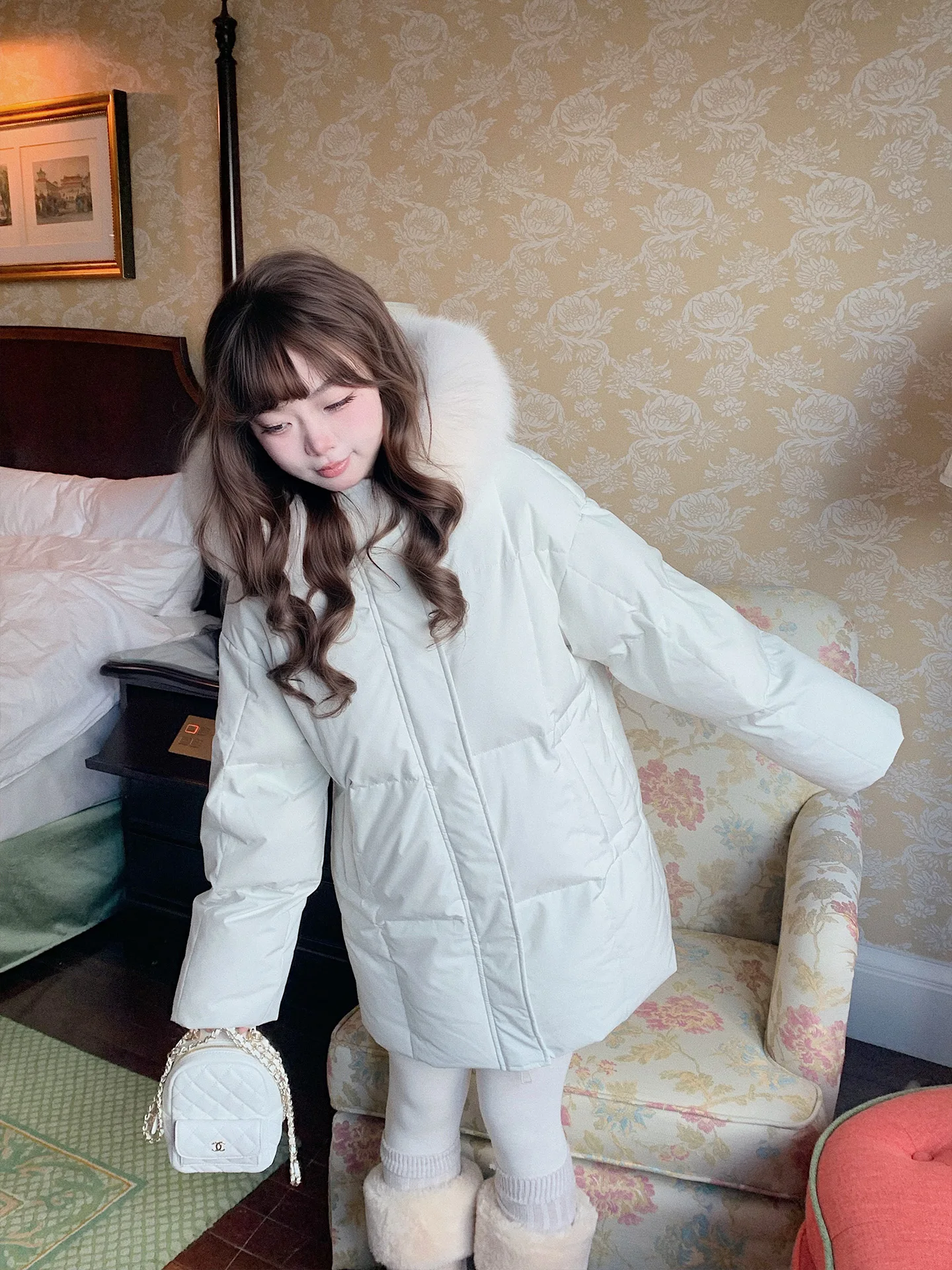 

aph Warm Winter Jaet Fur Collar 90 White Du down Mid-Length Women's Coat Princ Sle Long Sve Thiened
