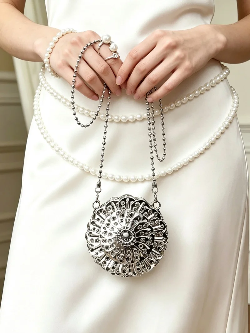 Fashion retro sweet cool style silver metal iron sheet bead diagonal cross bag with circular hollow design chain shoulder bag