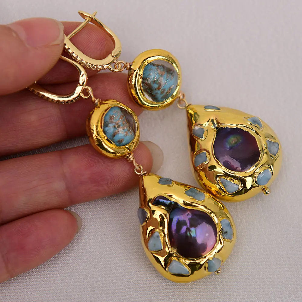

GG Natural Black Keshi Pearl Teardrop Blue Larimar Paved Gold Plated Murano Glass Dangle Earrings