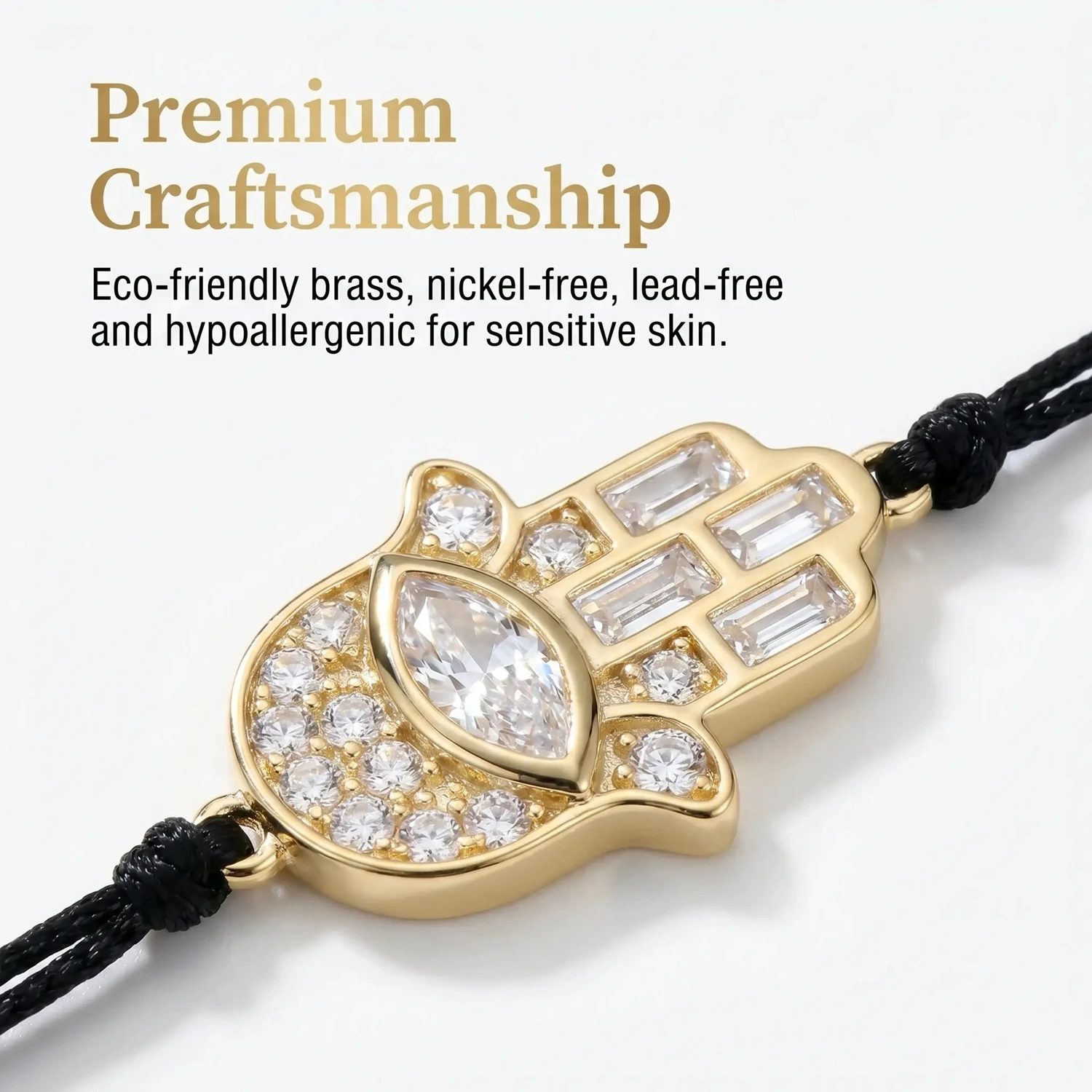 Moonmory Original 18K Vergoldetes Messing Hamsa-Hand Armband mit Marquise-, Birnen- und Baguette-Zirkonia, Schwarz, Verstellbares Kordelarmband mit Schutzauge – Detail 5