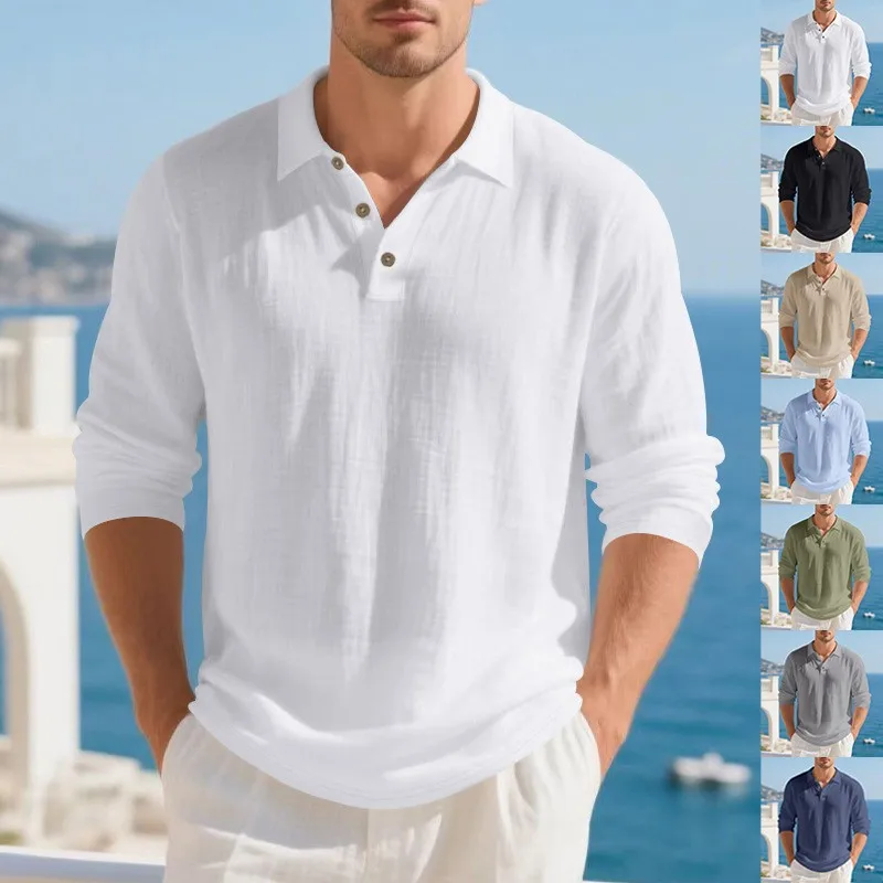 Casual Linen Shirt Long Sleeve Collar T-shirt Button Front Rolled Sleeves Lightweight Fabric Loose Fit Solid Color Curved Hem