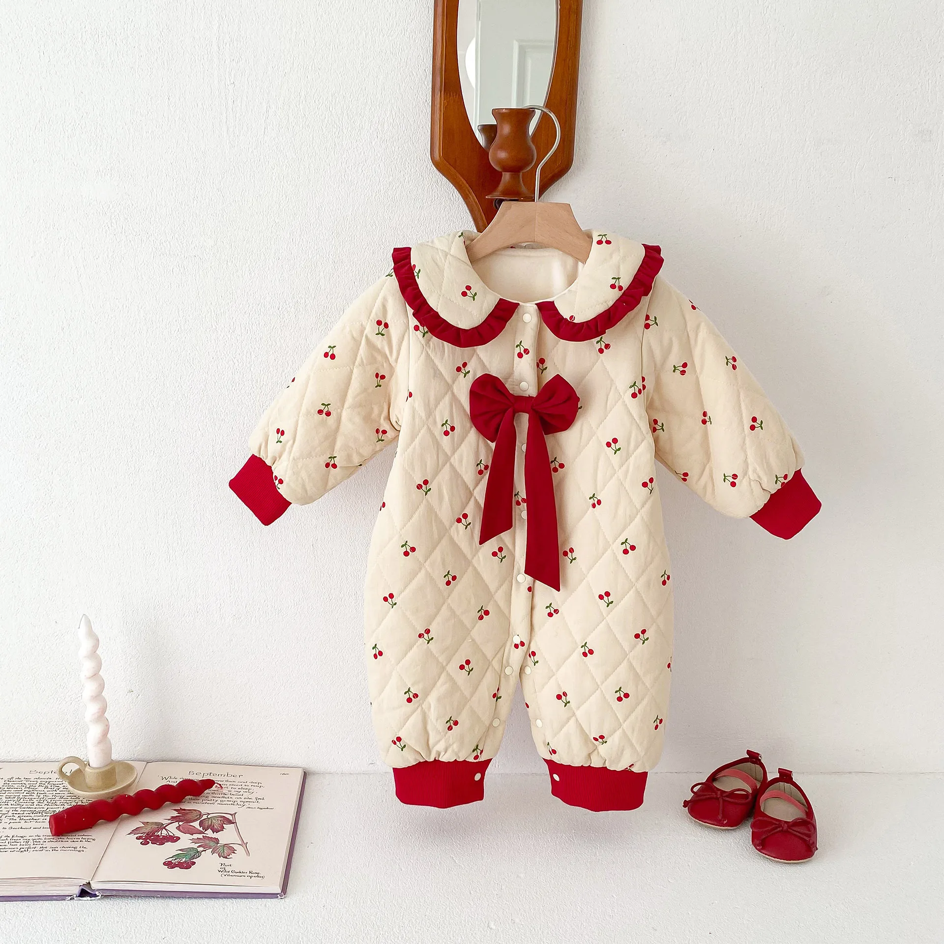 2024 Winter Baby Girls Cherry Big Bow Romper Infant Cotton Fleece Warm Jumpsuit Newborn Girls New Year Clothes