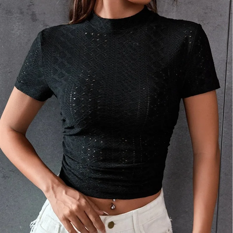 Camiseta apertada oca para mulheres, moletom com gola média alta, blusa sexy, fio sólido, casual para escritório, moda verão