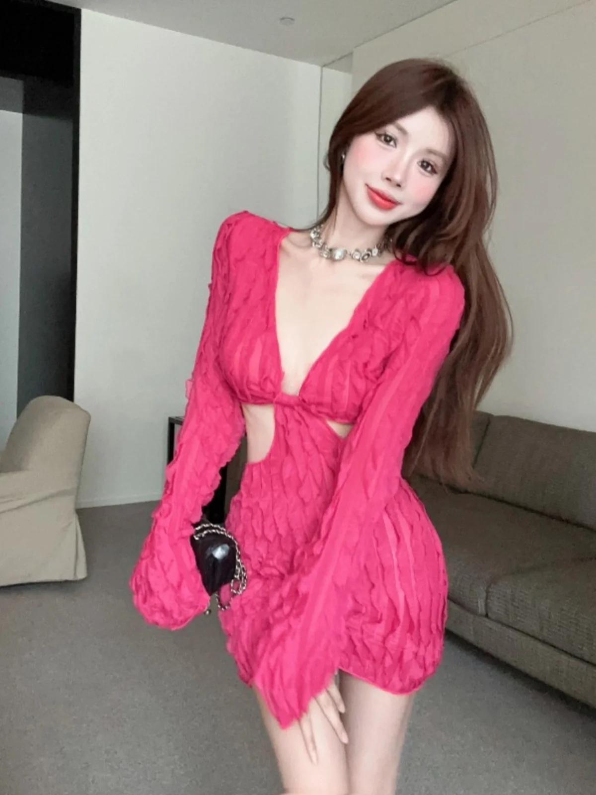 summer-faion-sexy-pink-v-ne-hollow-out-long-sve-bodycon-dr-women's-folded-skirt-ele-simple-color-casual-dr