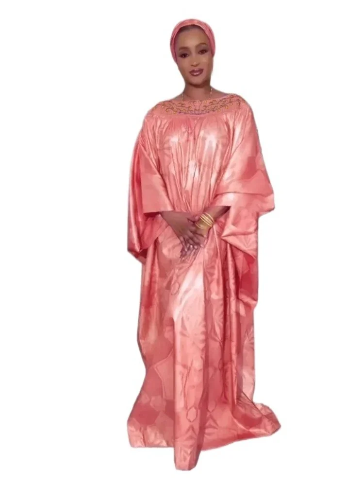

African Dresses for Women Dashiki Traditional Embroidery Bazin Gown Ankara Pink Robes Outfits Wedding Evening Party Dress