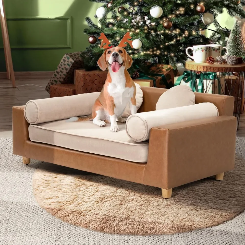 Luxuriöses Hundeschlafsofa, luxuriöse 42-Zoll-Haustiercouch aus Leder für große Hunde, waschbares Samtkissen, stabiles Holzrahmen, Hundebett