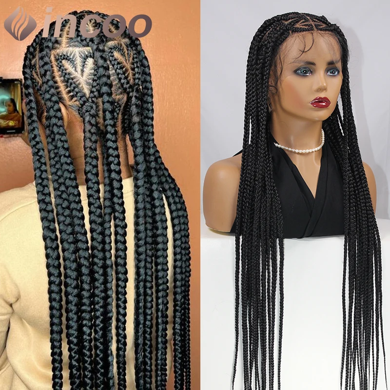 INCOO Full Lace Long Synthetic Knotless Box Braid Wig 36 Inch Heart Braided Long Lace Wigs for Black Women Cornrow Braids Wigs