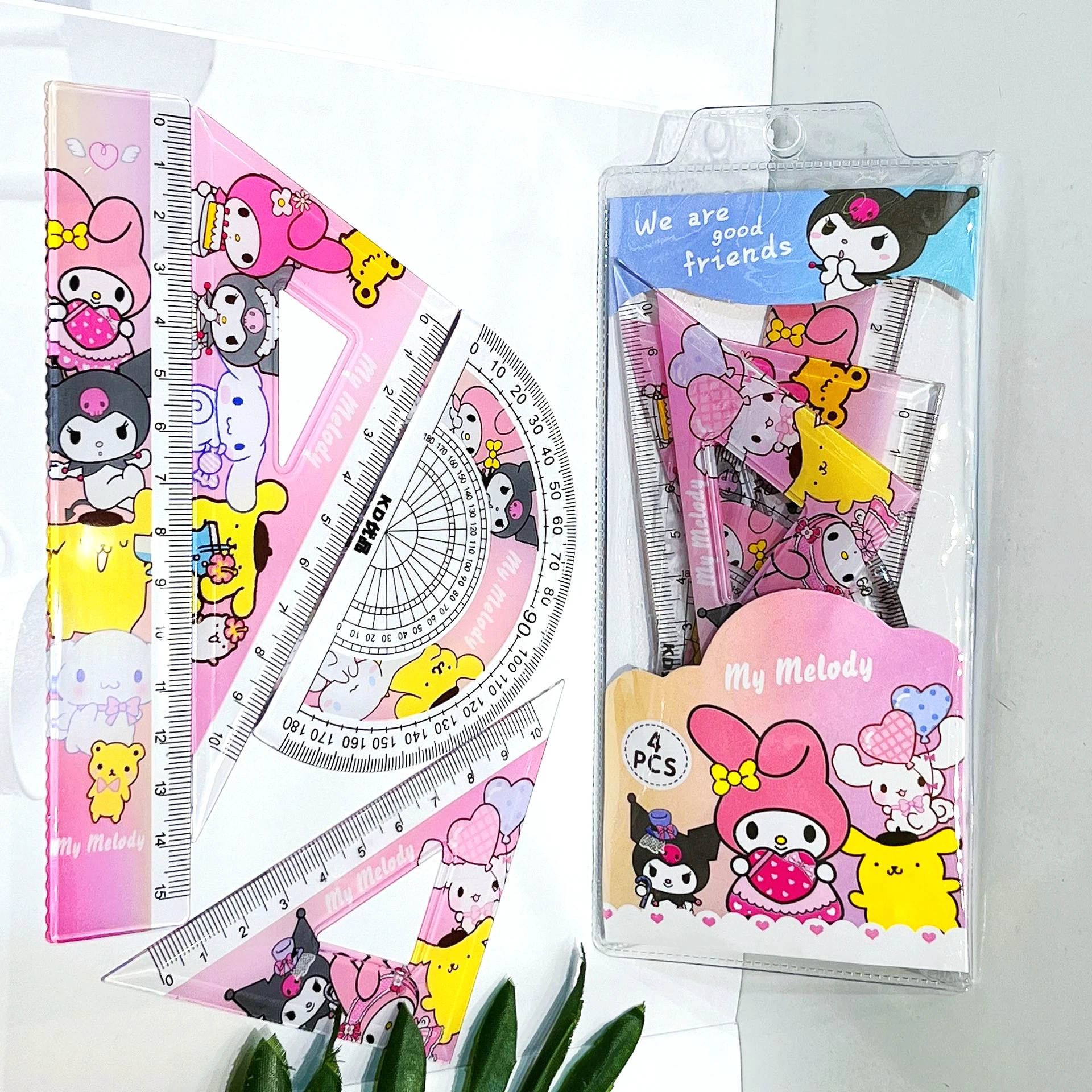 Sanrio-Juego de regla de estudiante de dibujos animados, Kawaii My Melody Kuromi, placa Triangular, transportador, Regla de medición, juego de papelería, regalo, 4 piezas