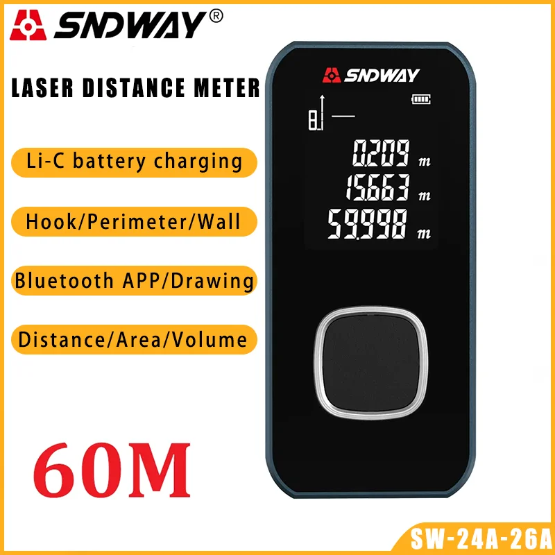 SNDWAY-أداة قياس المسافة بالليزر ، أداة قياس الأشعة تحت الحمراء المحمولة ، ملاحظات البيانات بسرعة ، 0.1 ثانية ، SW-24A ، 26A