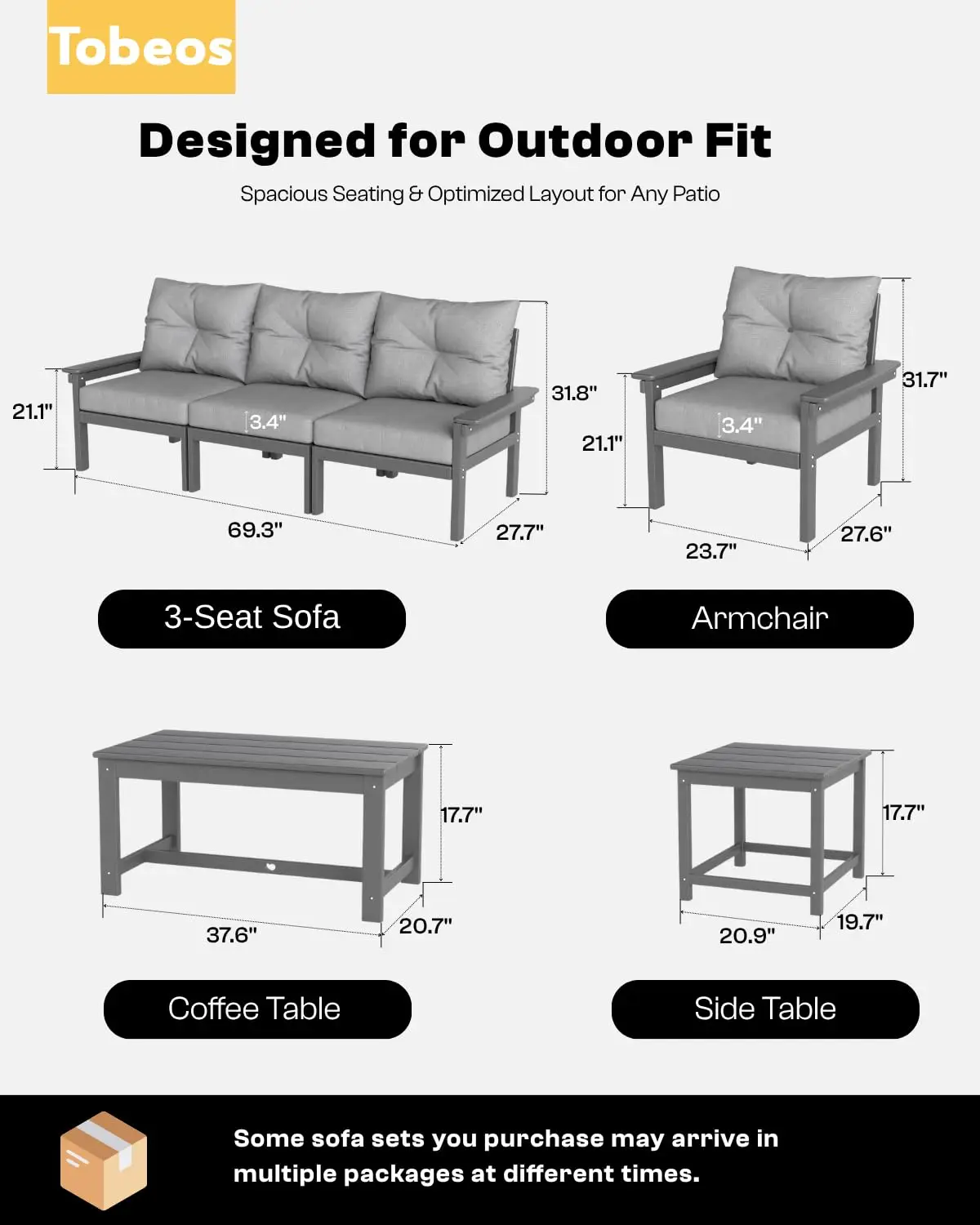 3 Piece Patio Furniture Set, All-Weather Outdoor Couch Set with Thick Cushions, Patio Conversation Sets for, Customized