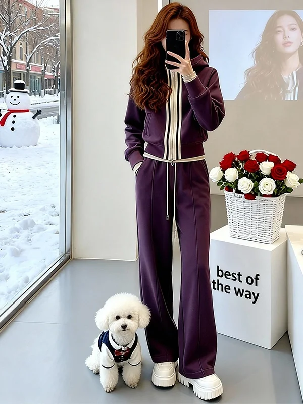 

Spring Purple Casual Sportswear Set Women's Stylish Slimming Outerwear Top Wide Leg Pants Two Piece Set Comfortable High Waist