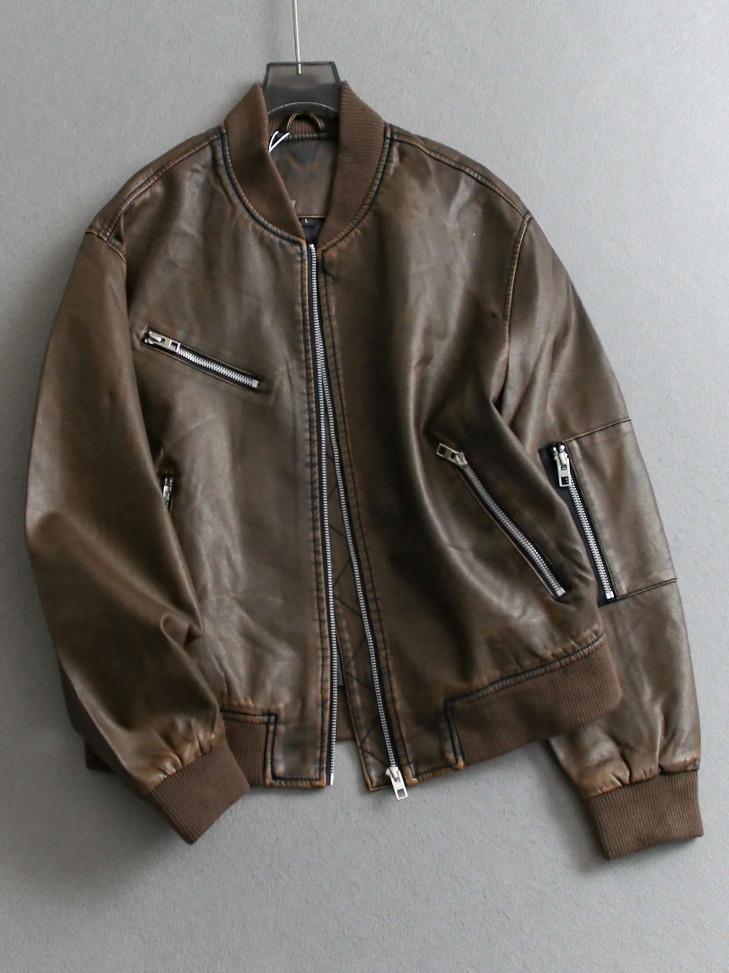 

Retro Color Loose Fit Stand Collar Zipper Front Long Sleeve Jacket Women's Leather Jacket W574 Casual Style Spring New