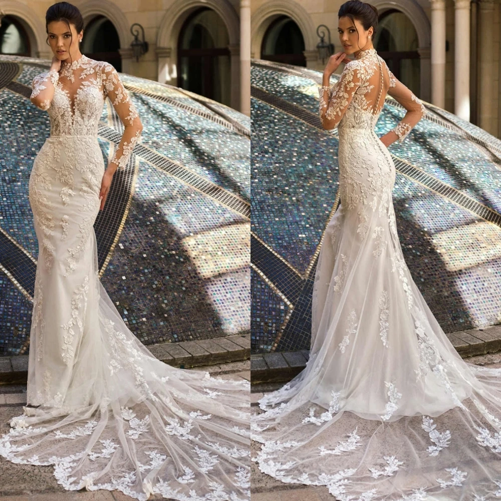 

Customized Elegant White Tulle Elegant Wedding Dress Exquisite Appliques Fashion Bridal Party Temperament Mermaid Bridal Gowns