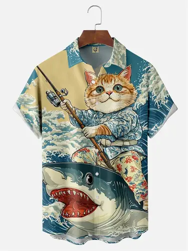 Men's Retro Short Sleeve Beach Shirt Summer Casual Ukiyoe Kitten Fishing Shark Print Hawaiian Shirts Men's Lapel Aloha Shirt - Image 2