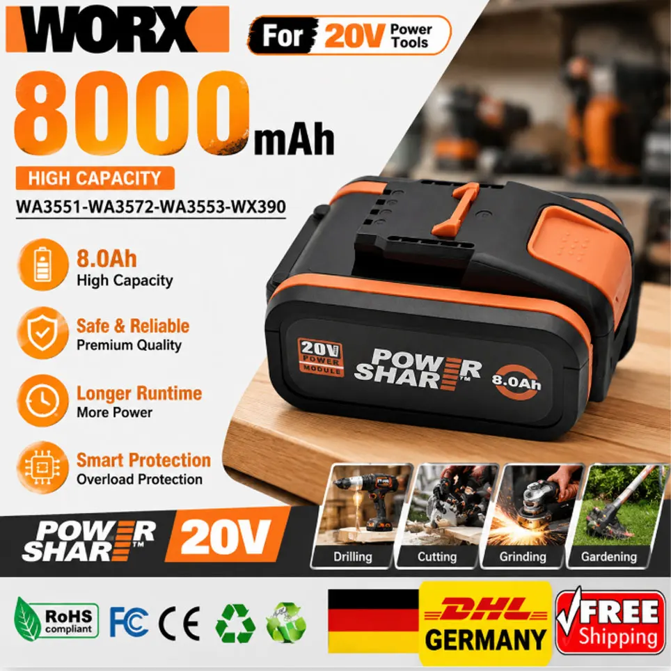Image of Worx Original 20V 8,0Ah Lithium-Akku, wiederaufladbar, WA3553 WA3551 WA3553.1 WA3570 für alle WORX Elektro- und Gartenwerkzeuge