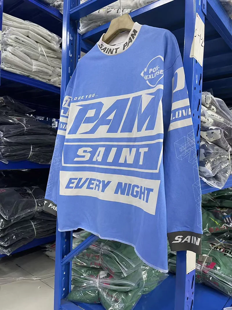 سباق نمط الأزرق سانت كم طويل تي شيرت الرجال امرأة خمر غسلها تفعل القديمة شارع العليا إلكتروني طباعة جولة الرقبة أعلى